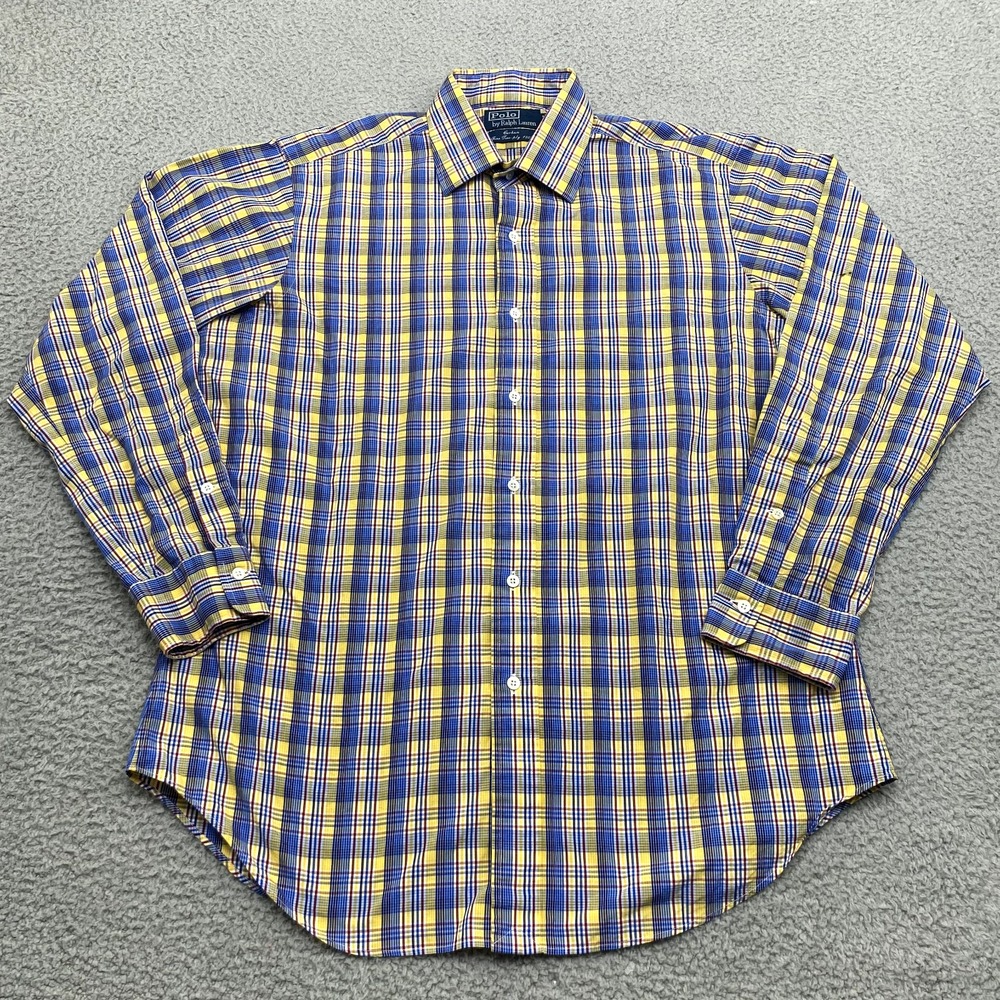 VINTAGE Polo Ralph Lauren Shirt Mens XL 16-34 Blue Yellow Button Up Curham *
